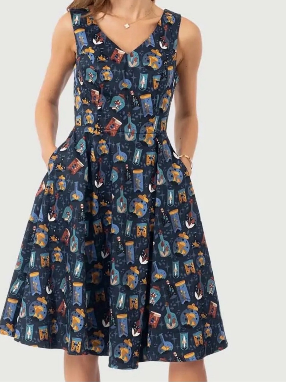 Navy V-Neck Midi Dress with Whimsical Print